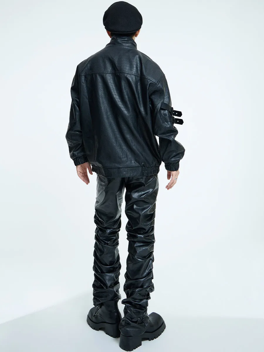 【23s September.】Loose Casual Retro PU Leather Jacket  Leather Pants-M/L