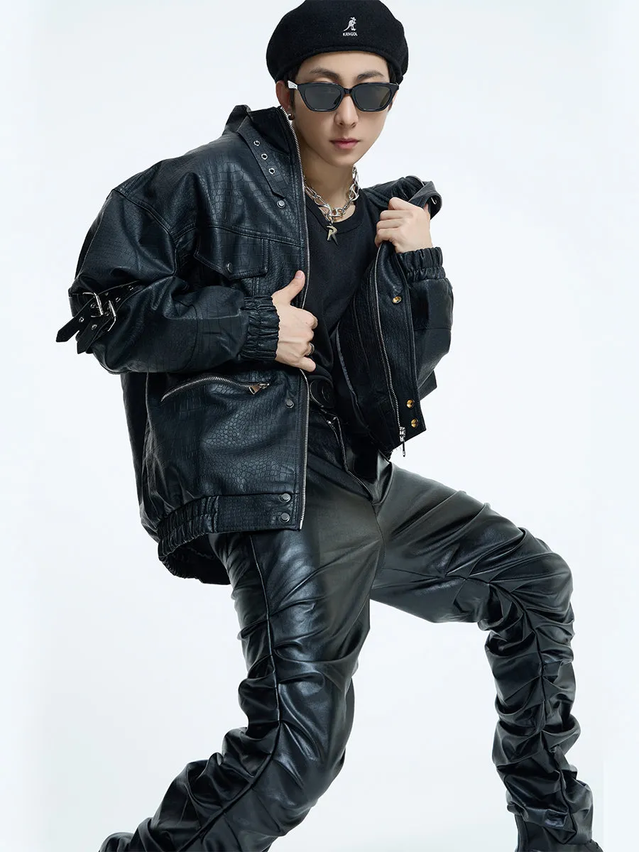 【23s September.】Loose Casual Retro PU Leather Jacket  Leather Pants-M/L