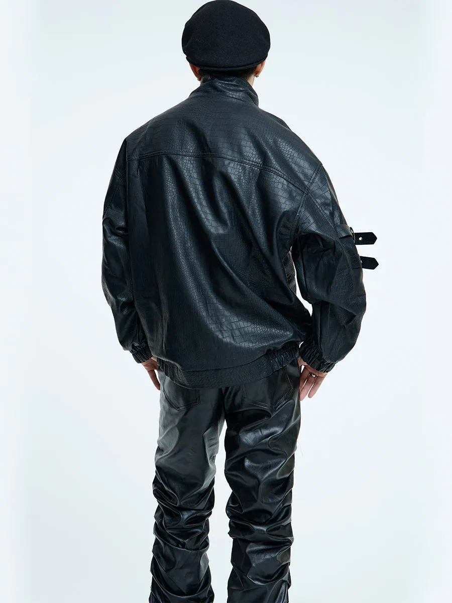 【23s September.】Loose Casual Retro PU Leather Jacket  Leather Pants-M/L