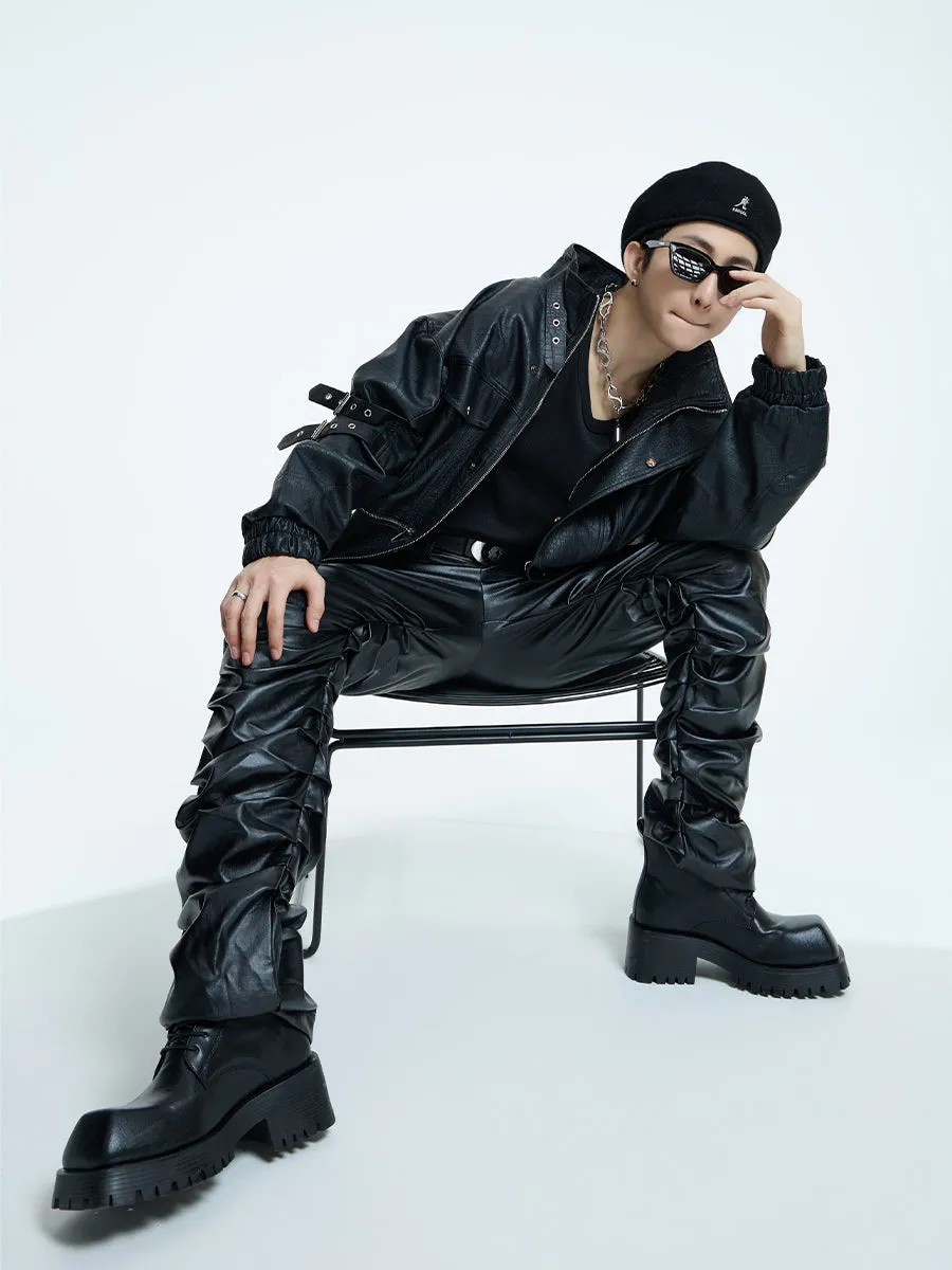 【23s September.】Loose Casual Retro PU Leather Jacket  Leather Pants-M/L