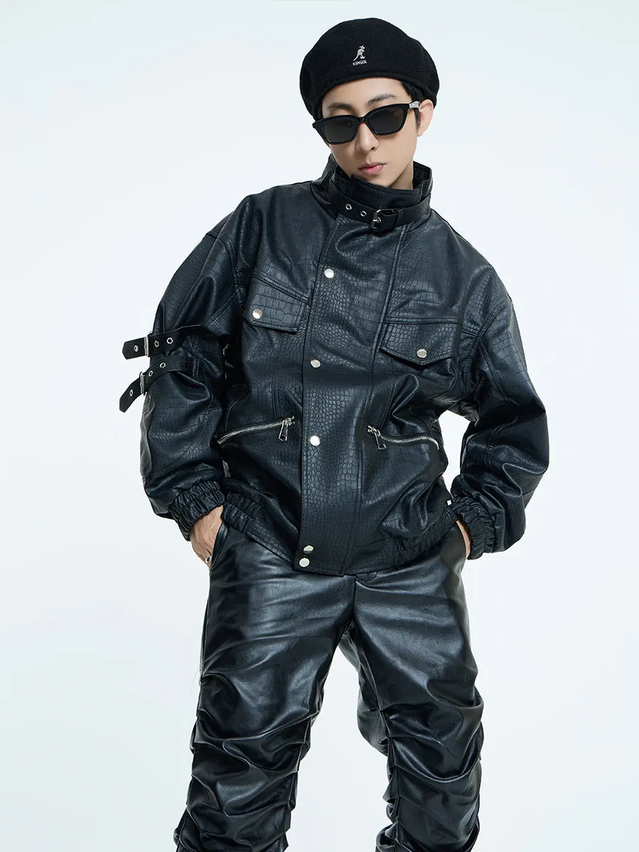 【23s September.】Loose Casual Retro PU Leather Jacket  Leather Pants-M/L