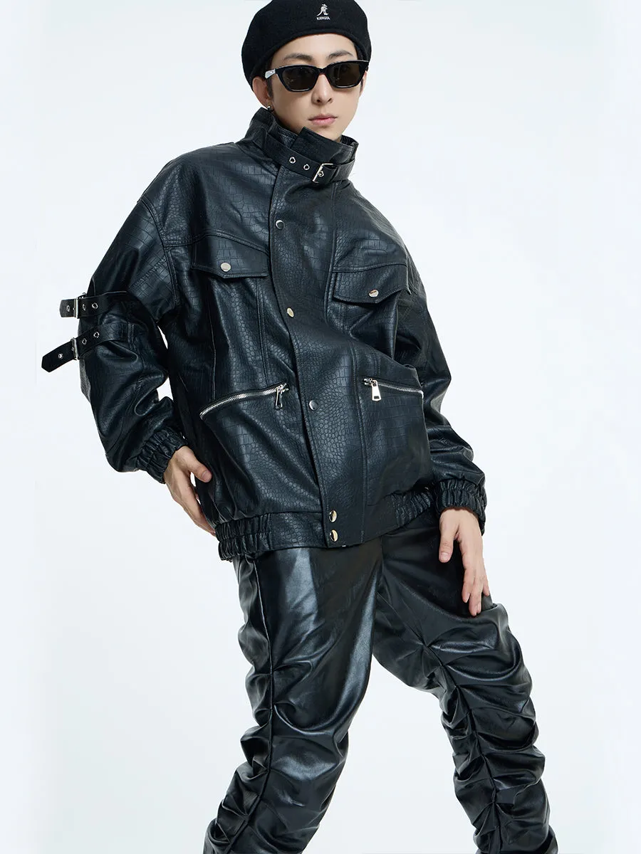 【23s September.】Loose Casual Retro PU Leather Jacket  Leather Pants-M/L