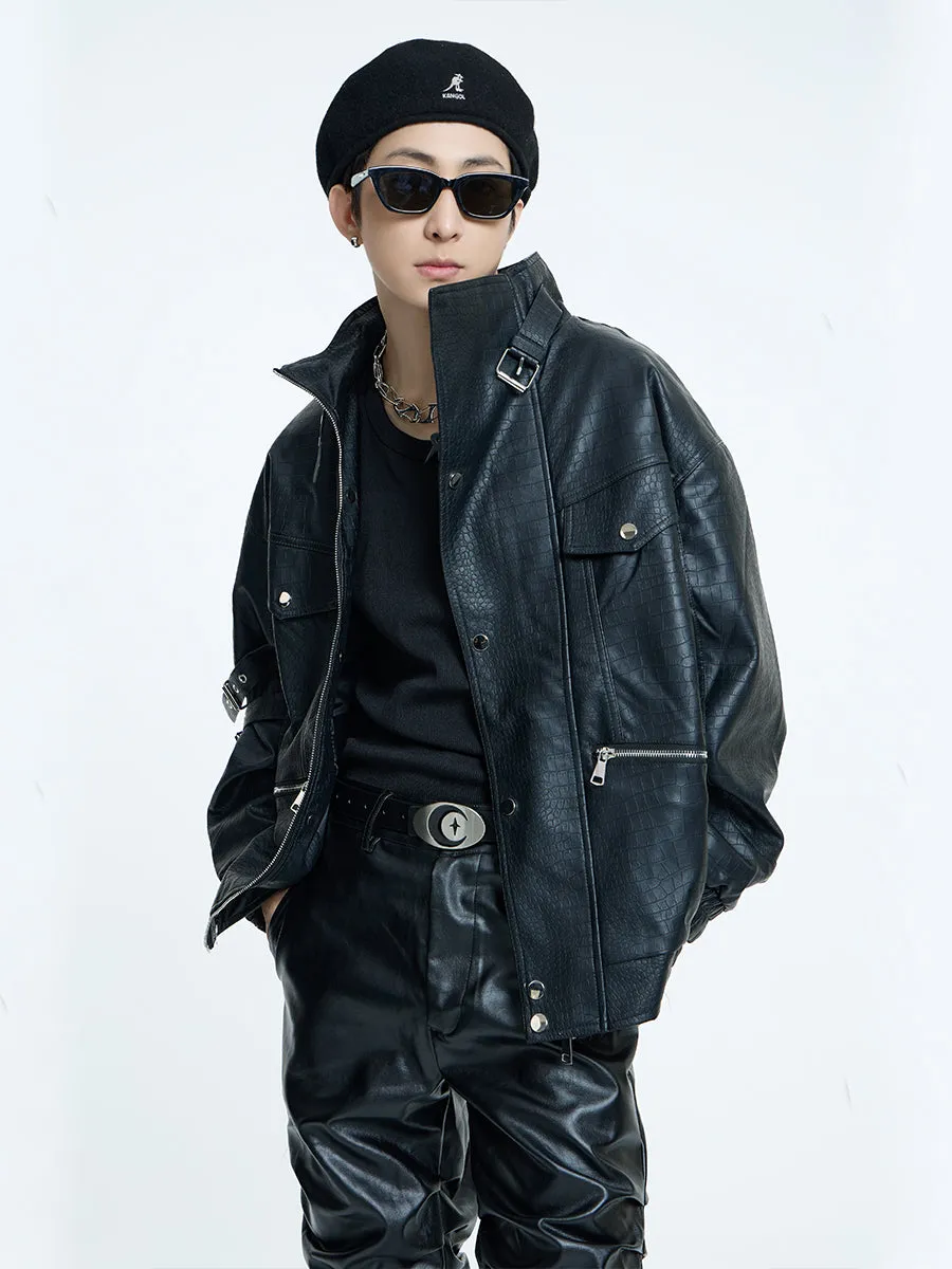 【23s September.】Loose Casual Retro PU Leather Jacket  Leather Pants-M/L