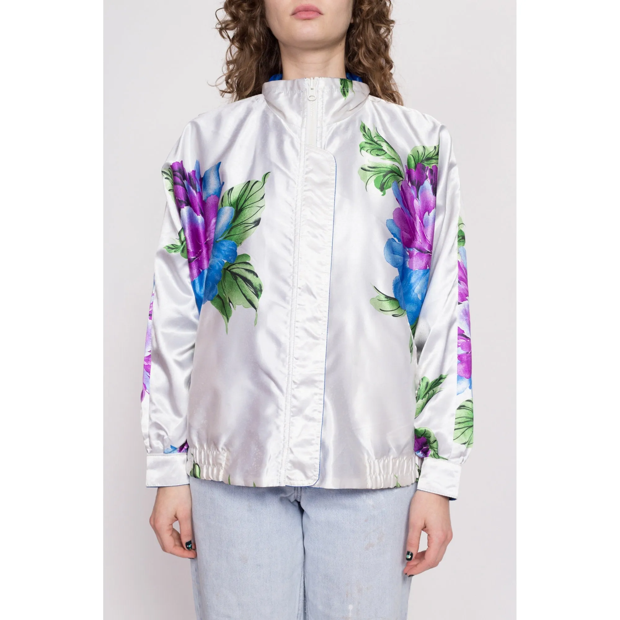 80s Shiny Reversible Floral & Optical Illusion Windbreaker - Extra Large