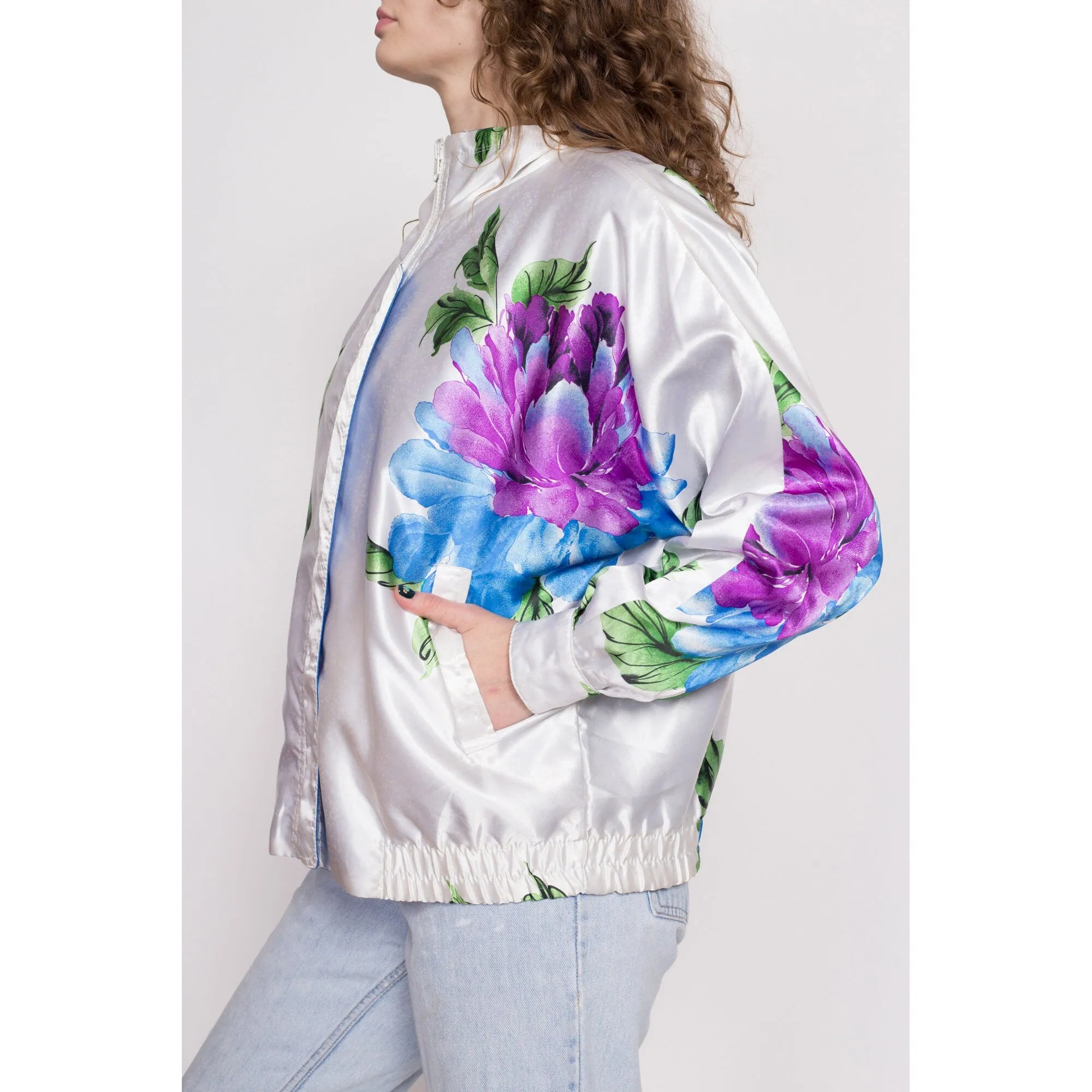 80s Shiny Reversible Floral & Optical Illusion Windbreaker - Extra Large