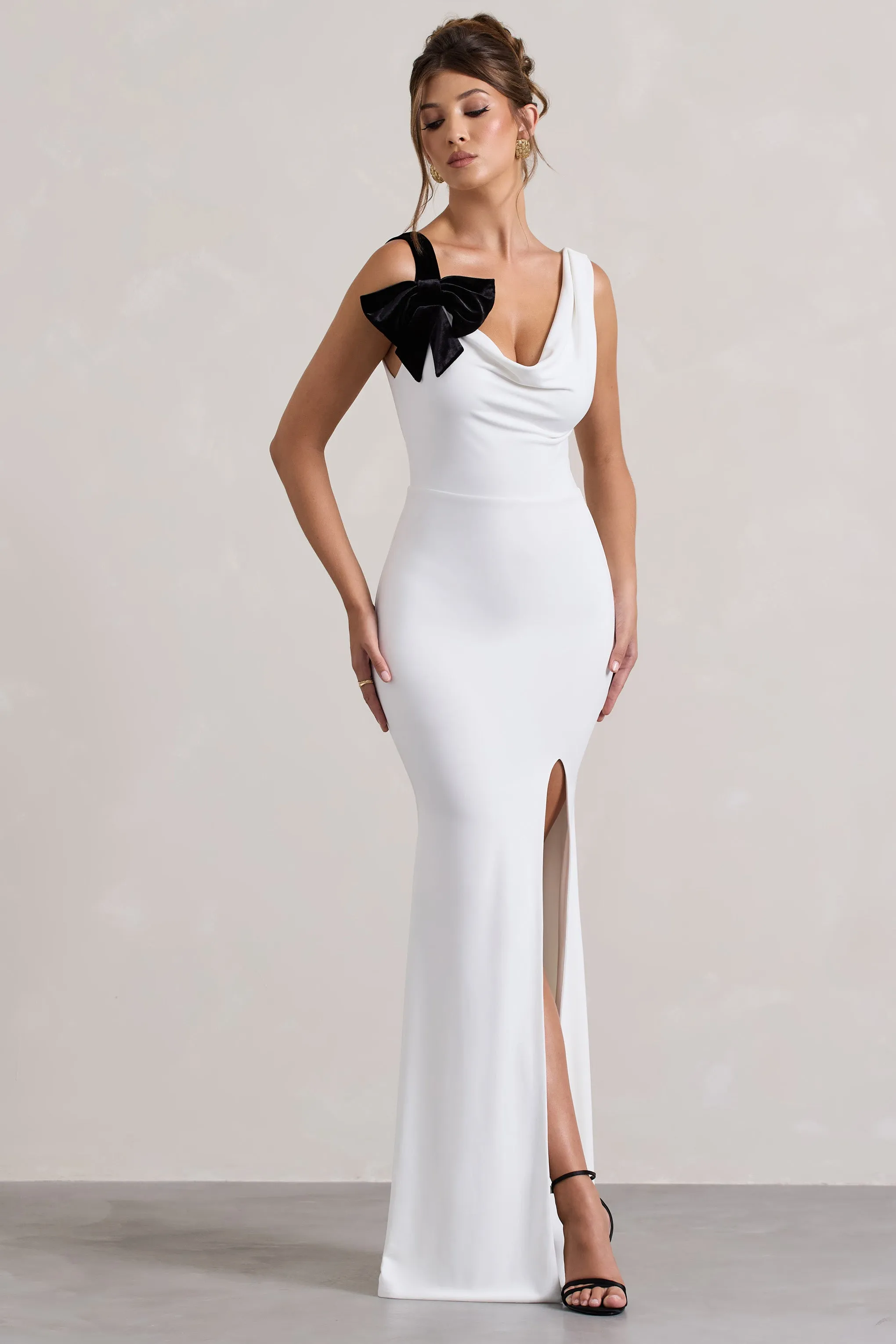 A Catch | White Cowl-Neck Fishtail Split Maxi Dress With Bow