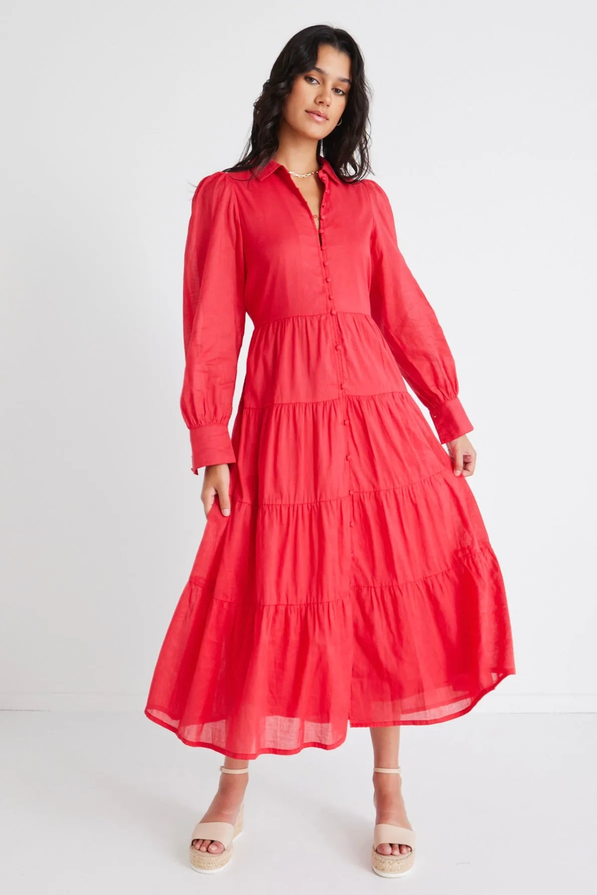 Adair Cherry Linen Blend Tiered Shirt Style Maxi Dress