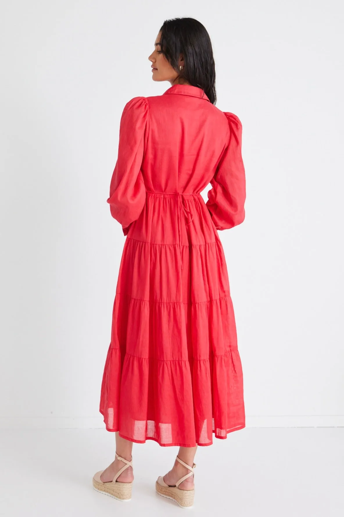 Adair Cherry Linen Blend Tiered Shirt Style Maxi Dress