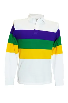 Adult Mardi Gras Unisex 3 Panel Long Sleeve Rugby Polo White