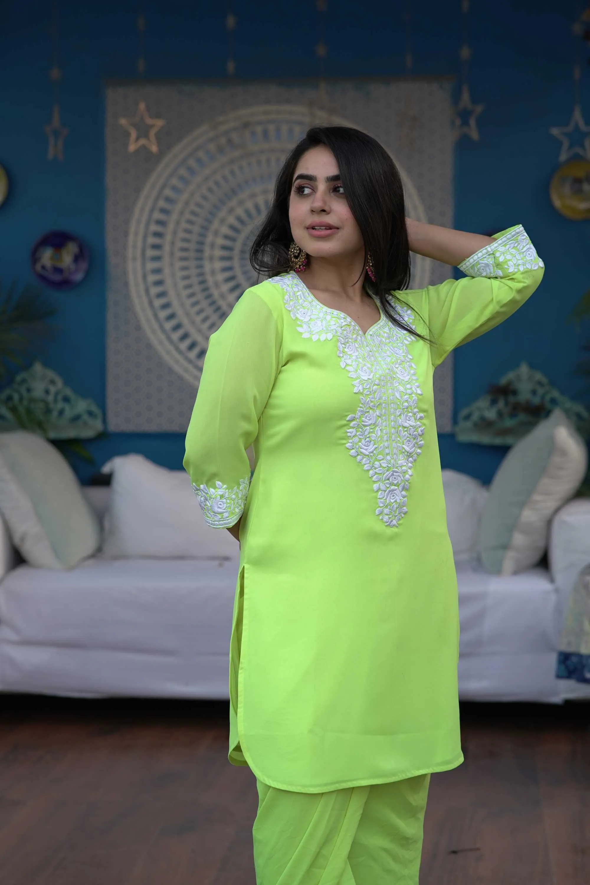 ANEKA EMBROIDERED LIME GREEN KURTA AND DHOTI SET