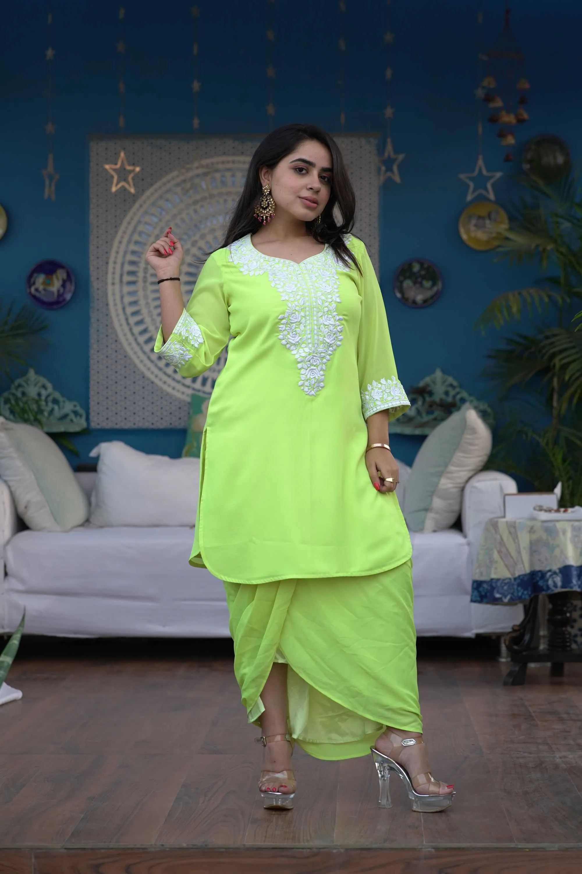 ANEKA EMBROIDERED LIME GREEN KURTA AND DHOTI SET