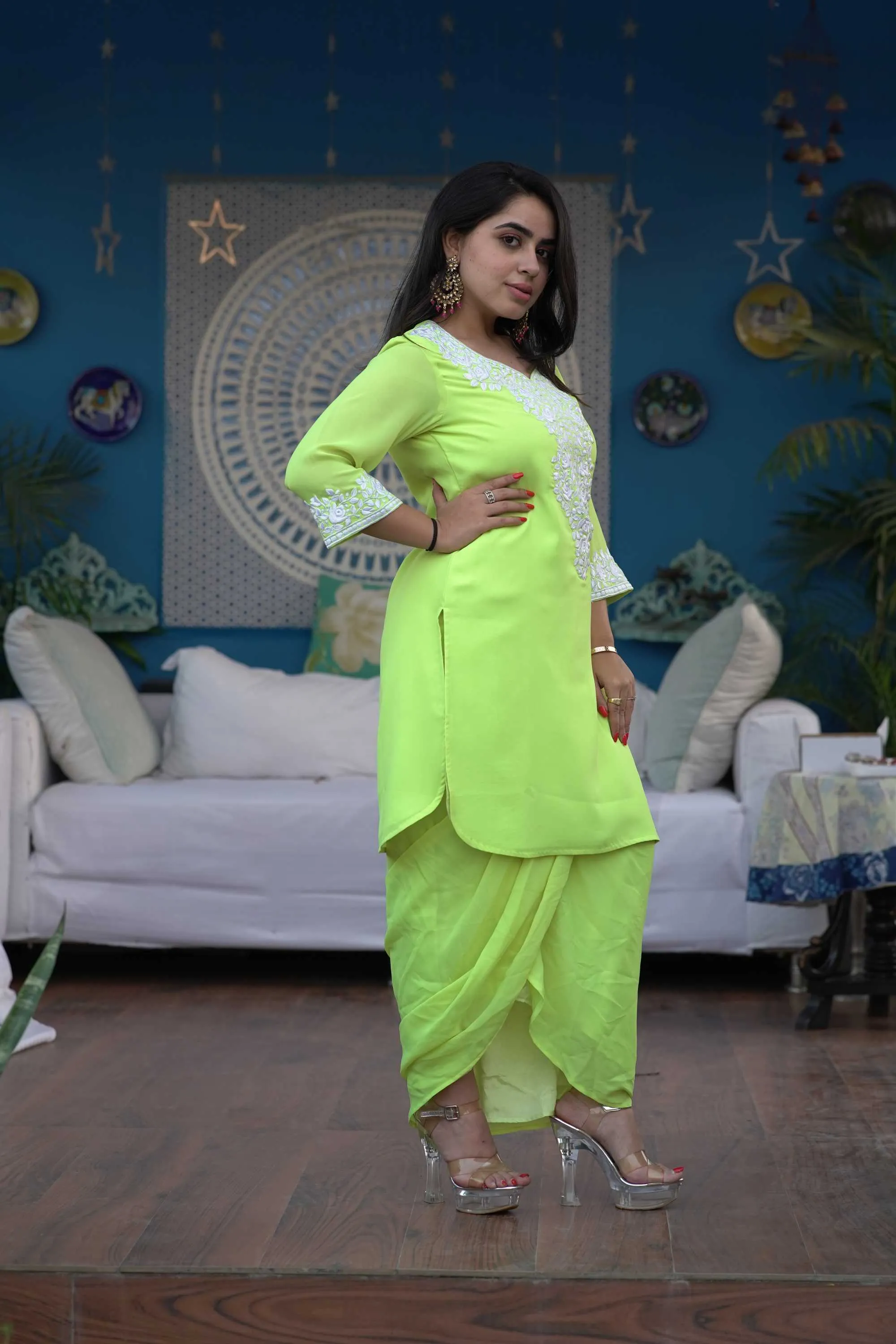 ANEKA EMBROIDERED LIME GREEN KURTA AND DHOTI SET