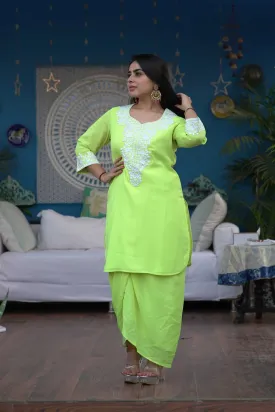 ANEKA EMBROIDERED LIME GREEN KURTA AND DHOTI SET