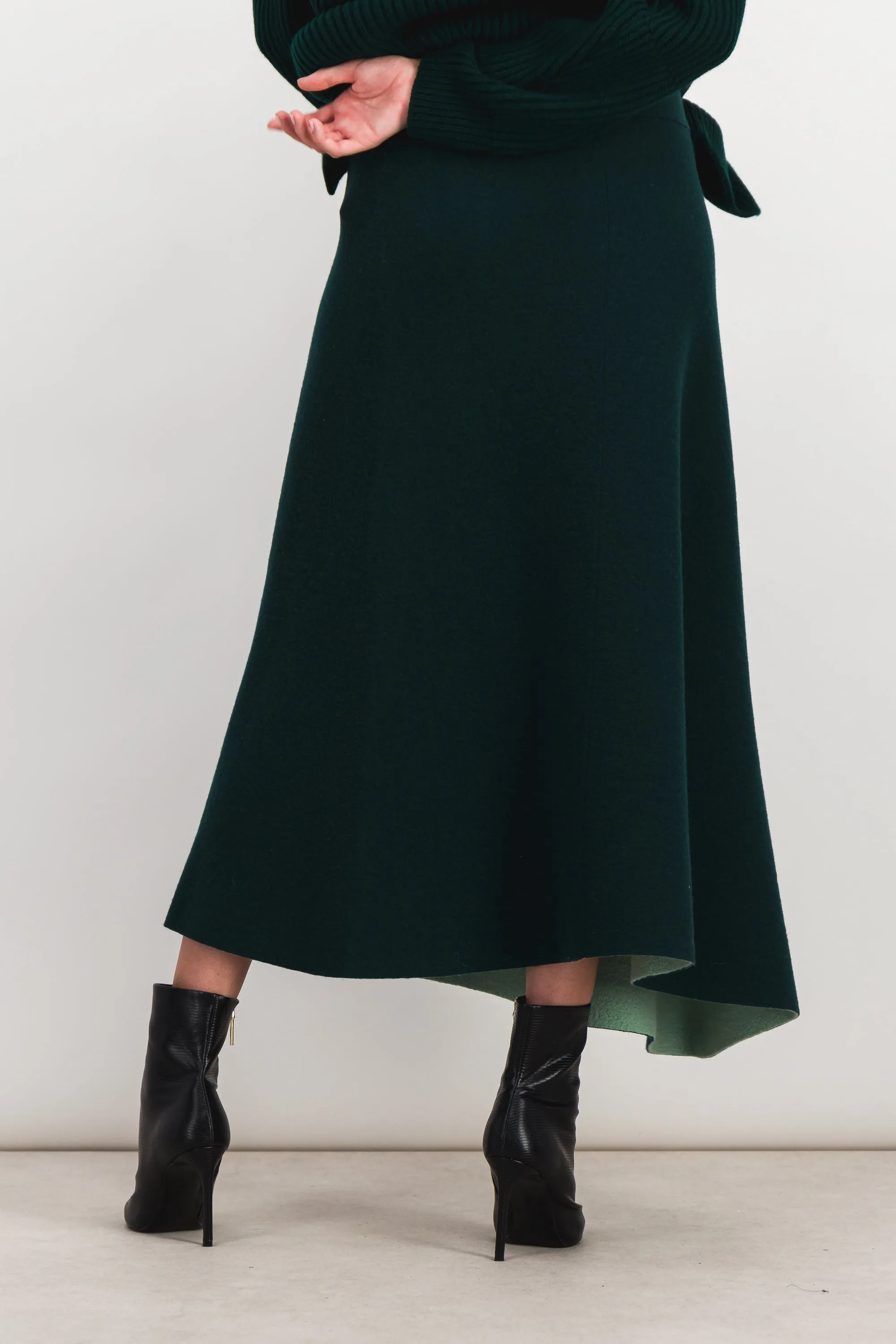 Asymmetric flared double face mohair-silk gored skirt