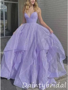 Beautiful Spaghetti Straps V-neck A-line Tulle Long Prom Dresses Evening Dress , OL893