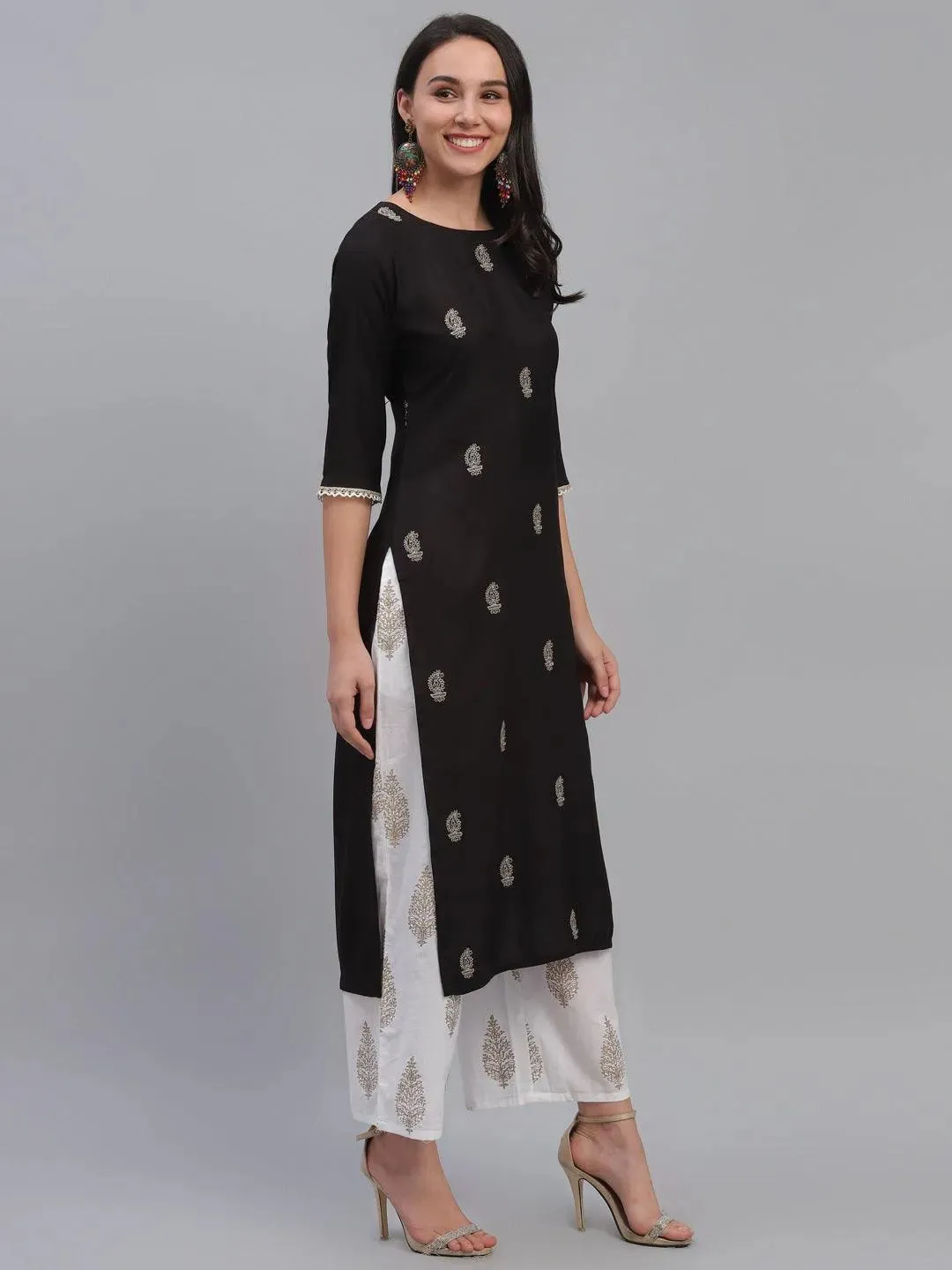 Black Embroidered Rayon Kurta