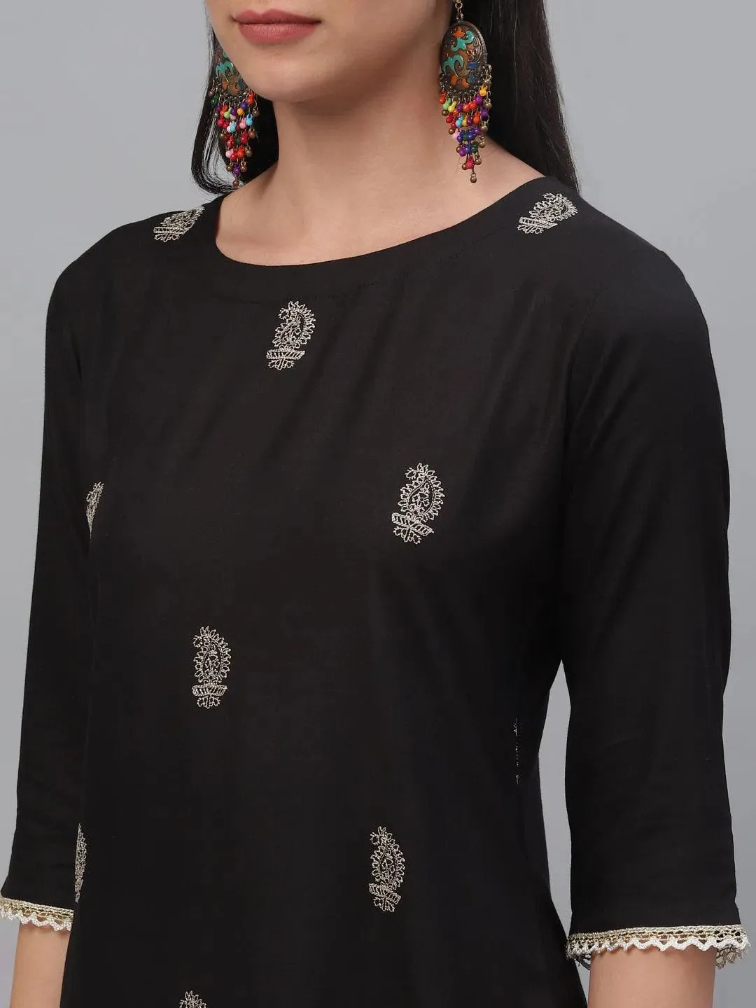 Black Embroidered Rayon Kurta