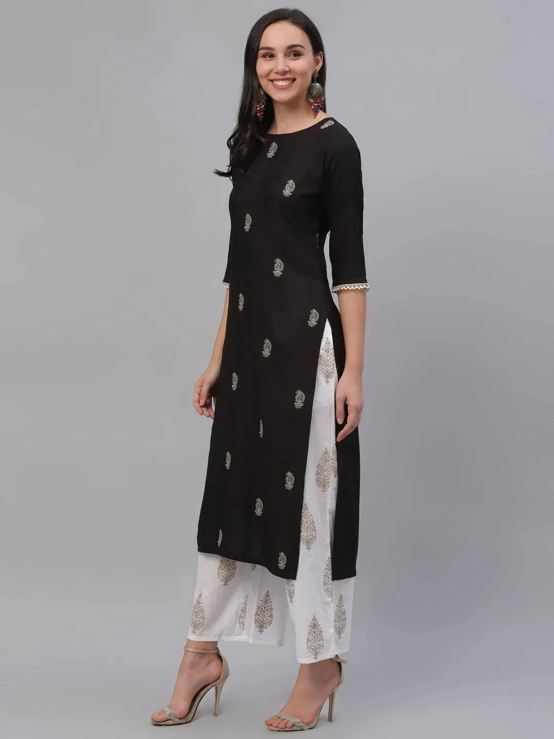 Black Embroidered Rayon Kurta