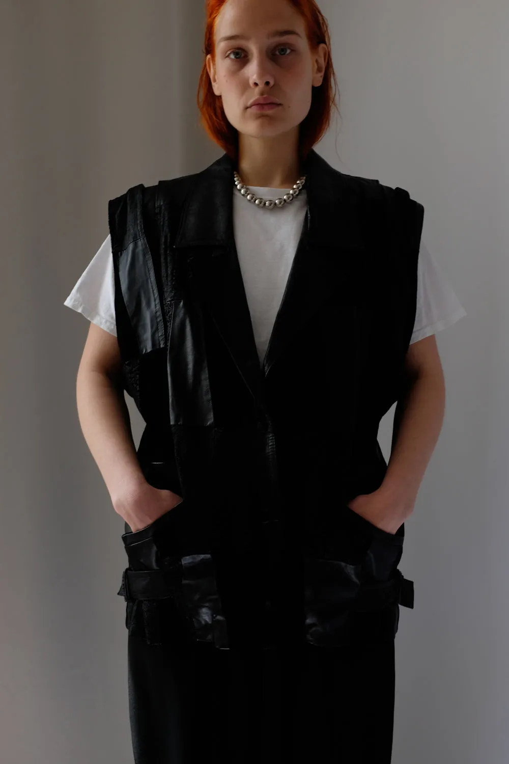 BLACK LEATHER VINTAGE OVERSIZE VEST