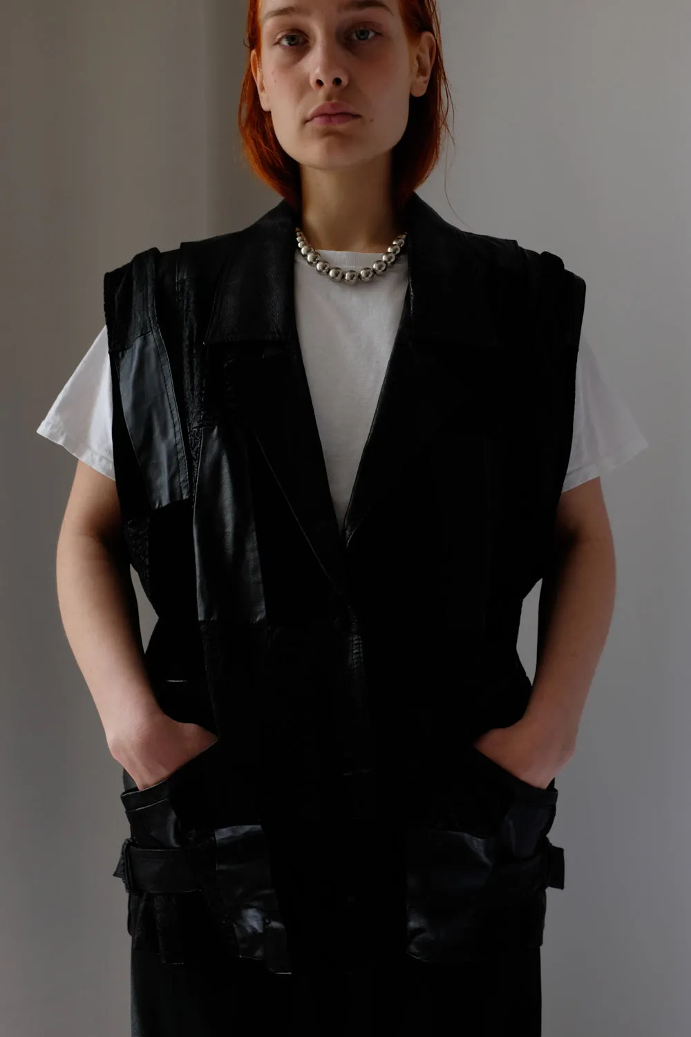 BLACK LEATHER VINTAGE OVERSIZE VEST