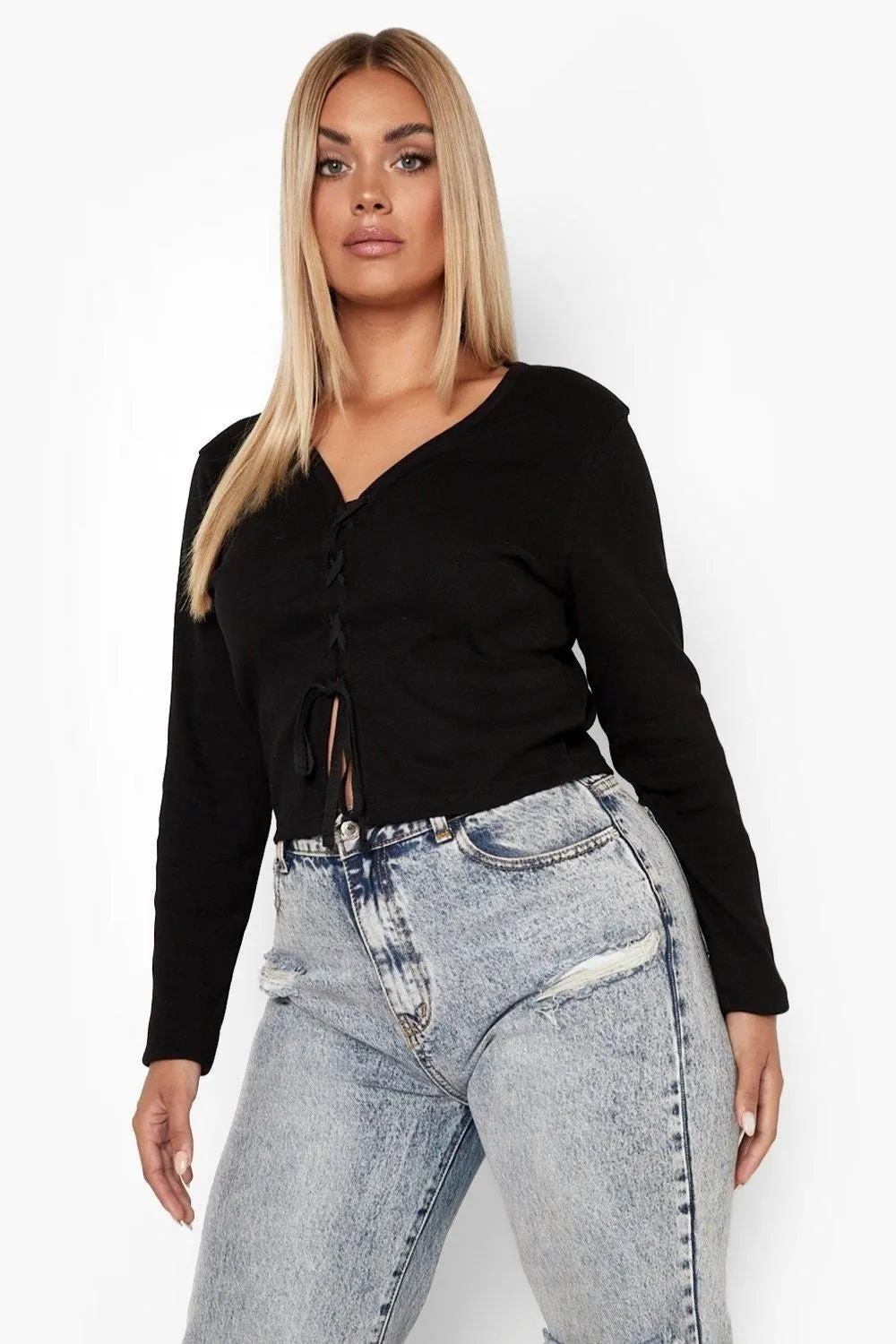 Black Rib Lace Up Top