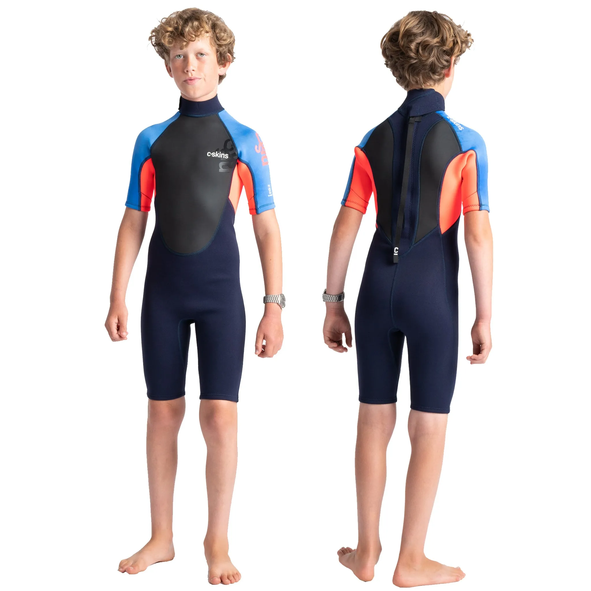 C-Skins Element Junior Unisex 3/2mm Shortie Wetsuit - Slate Navy/Flo Red/Blue Tie Dye