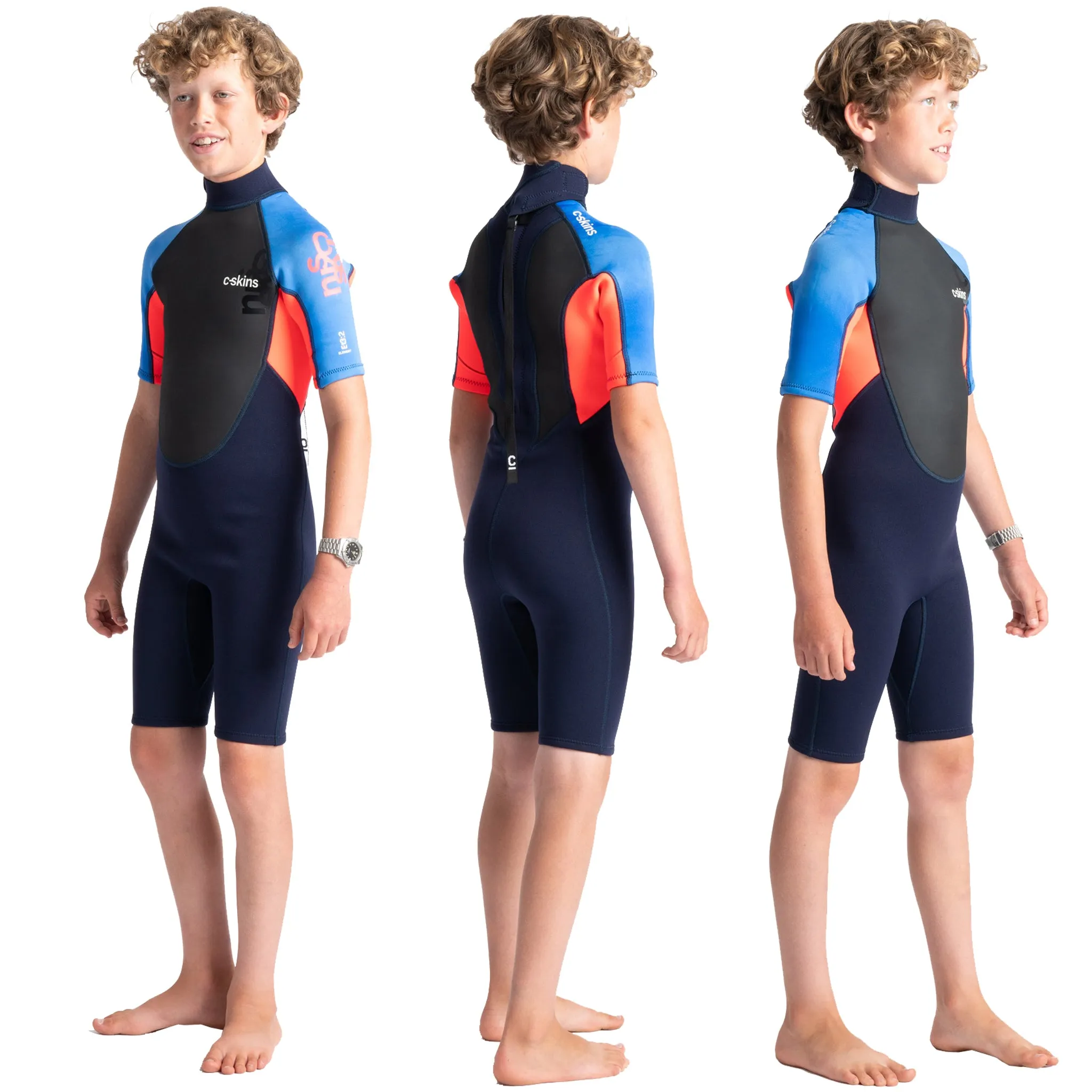 C-Skins Element Junior Unisex 3/2mm Shortie Wetsuit - Slate Navy/Flo Red/Blue Tie Dye