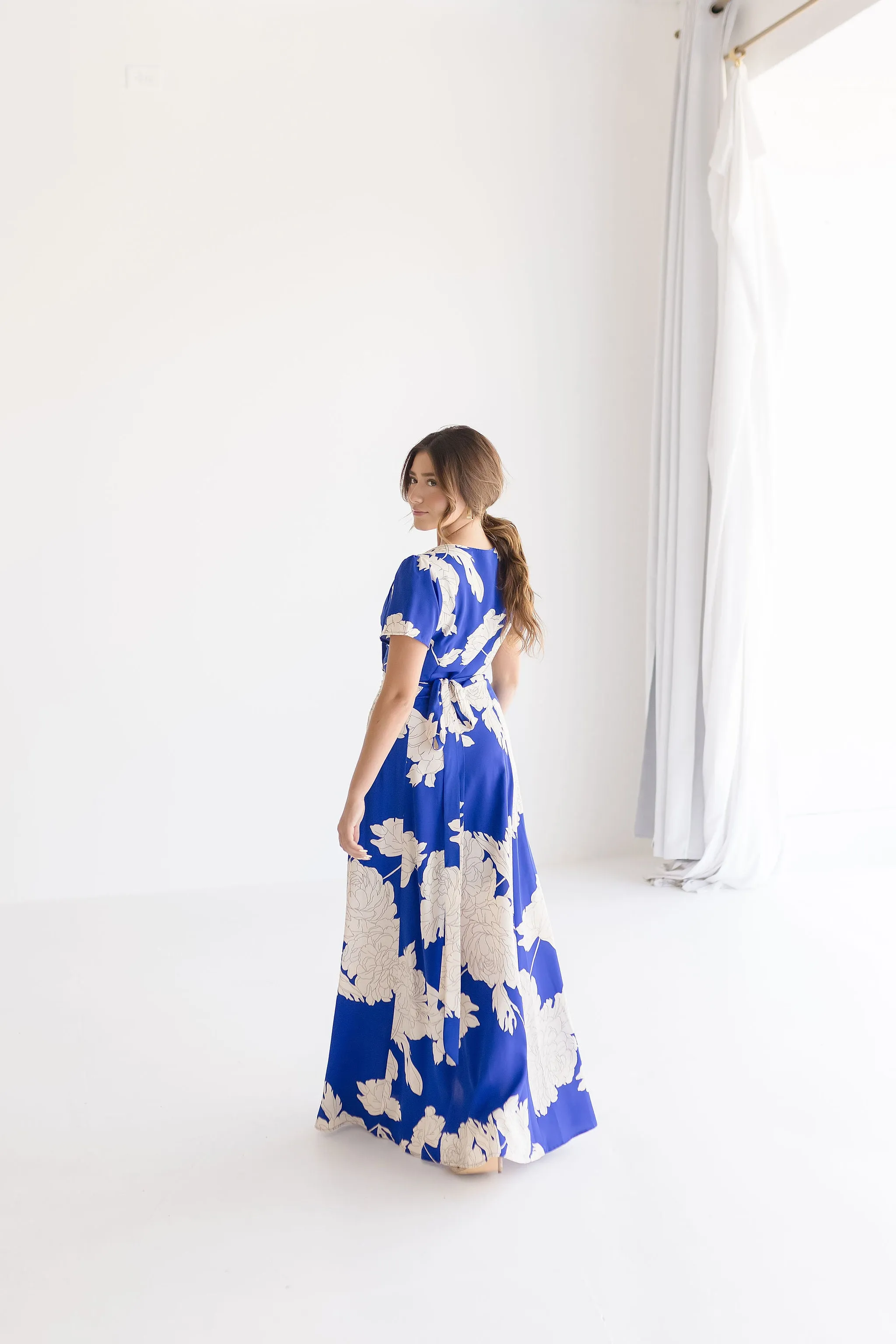 Cameron Short Sleeve Floral Print Wrap Maxi Dress Blue