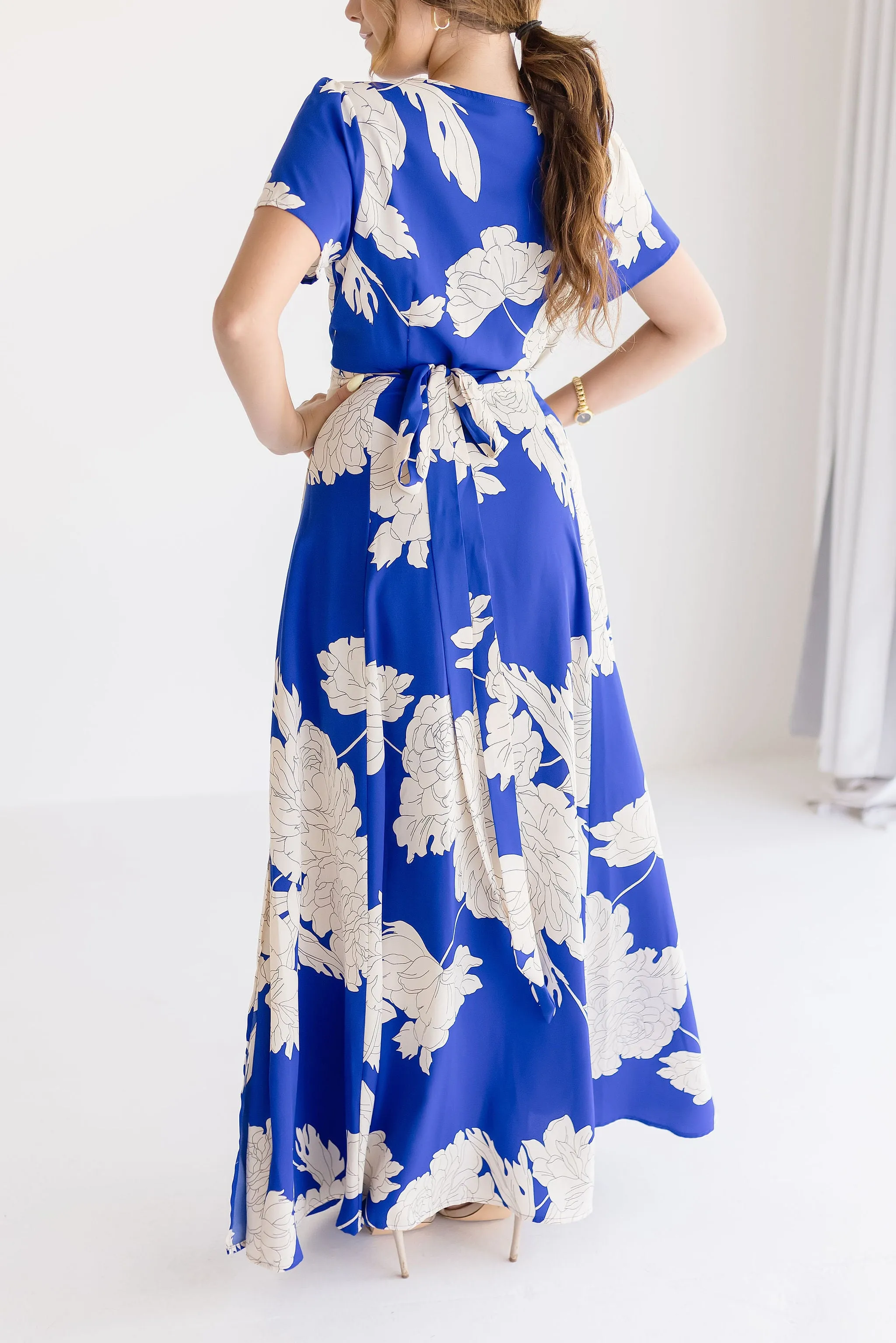 Cameron Short Sleeve Floral Print Wrap Maxi Dress Blue