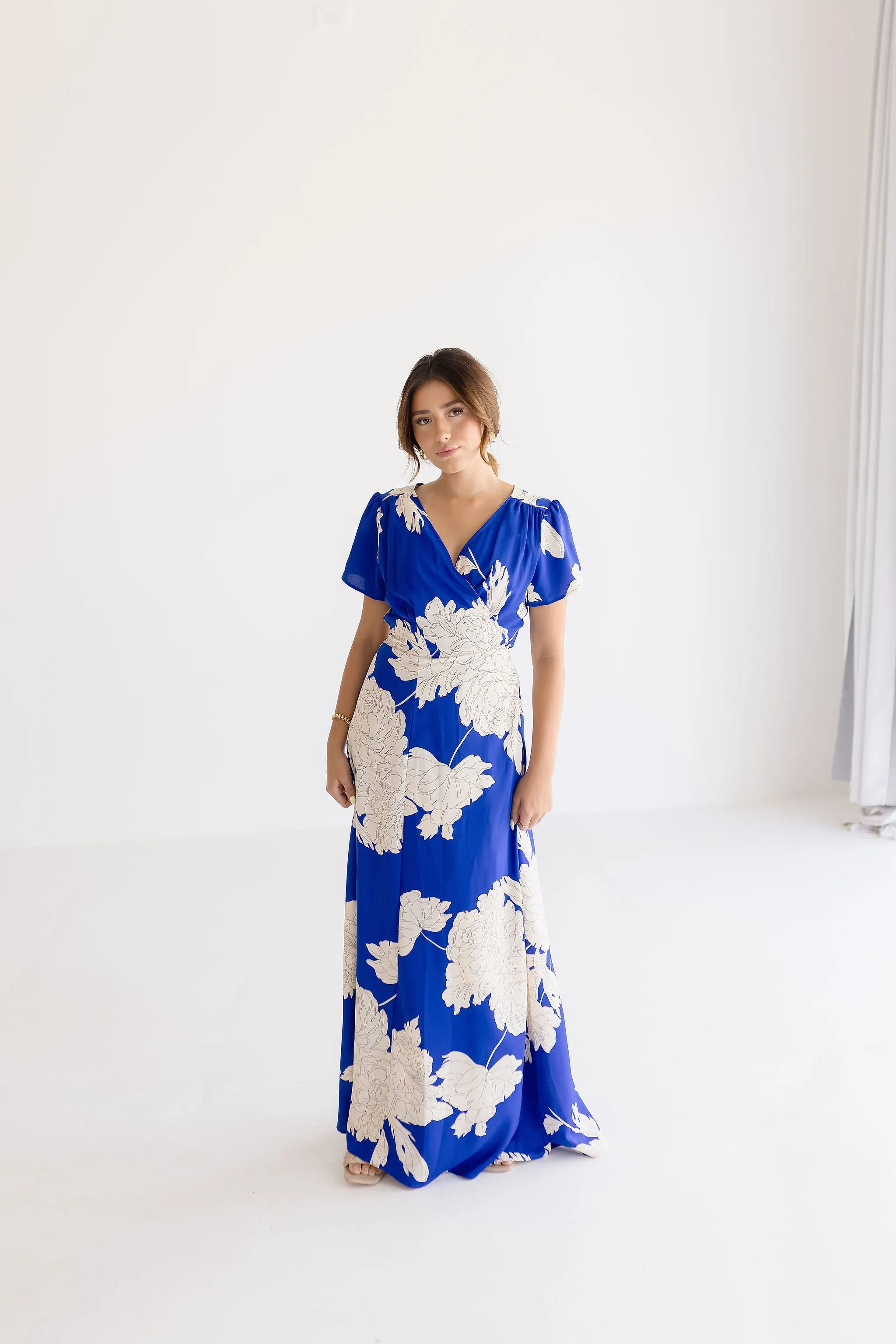 Cameron Short Sleeve Floral Print Wrap Maxi Dress Blue