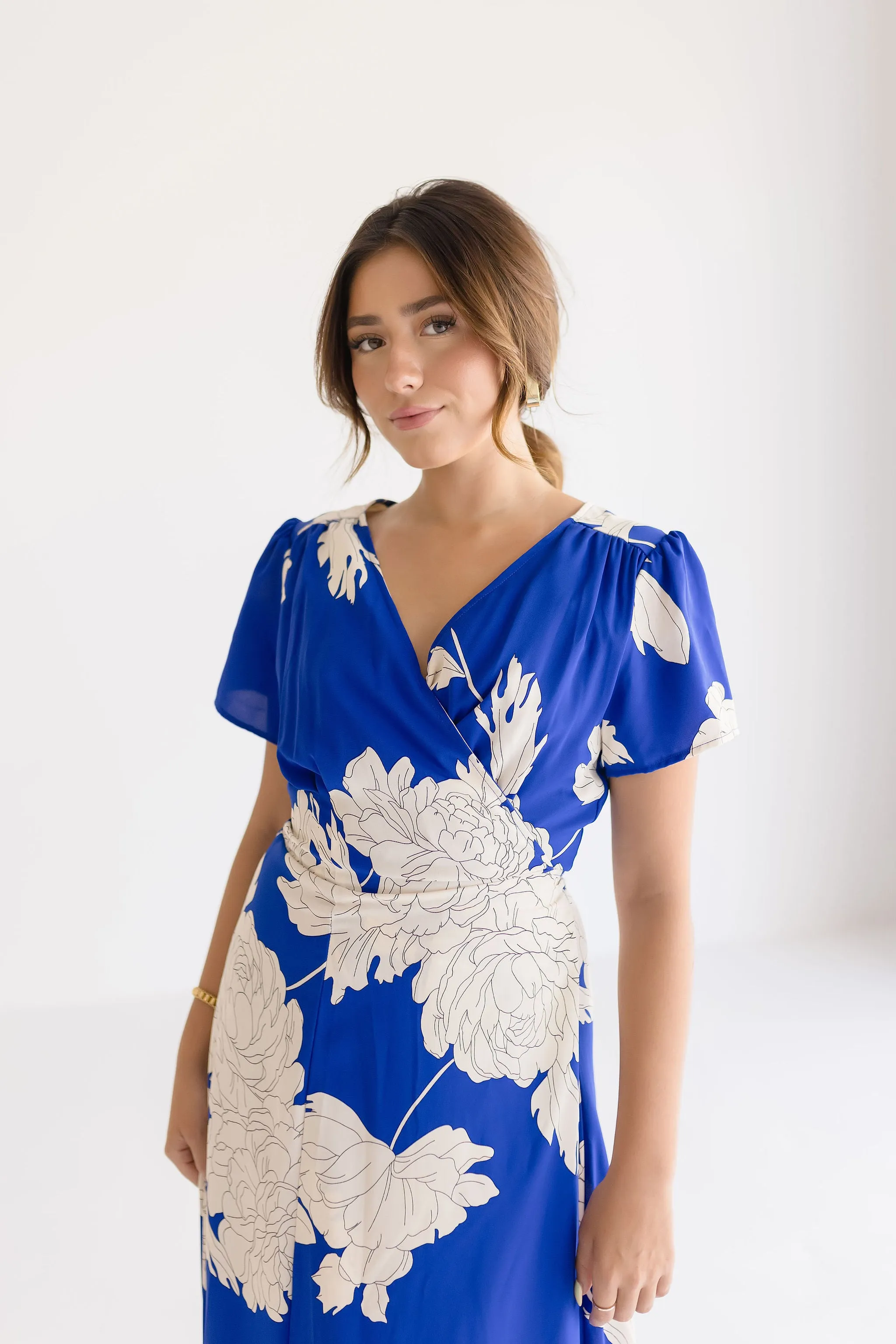 Cameron Short Sleeve Floral Print Wrap Maxi Dress Blue