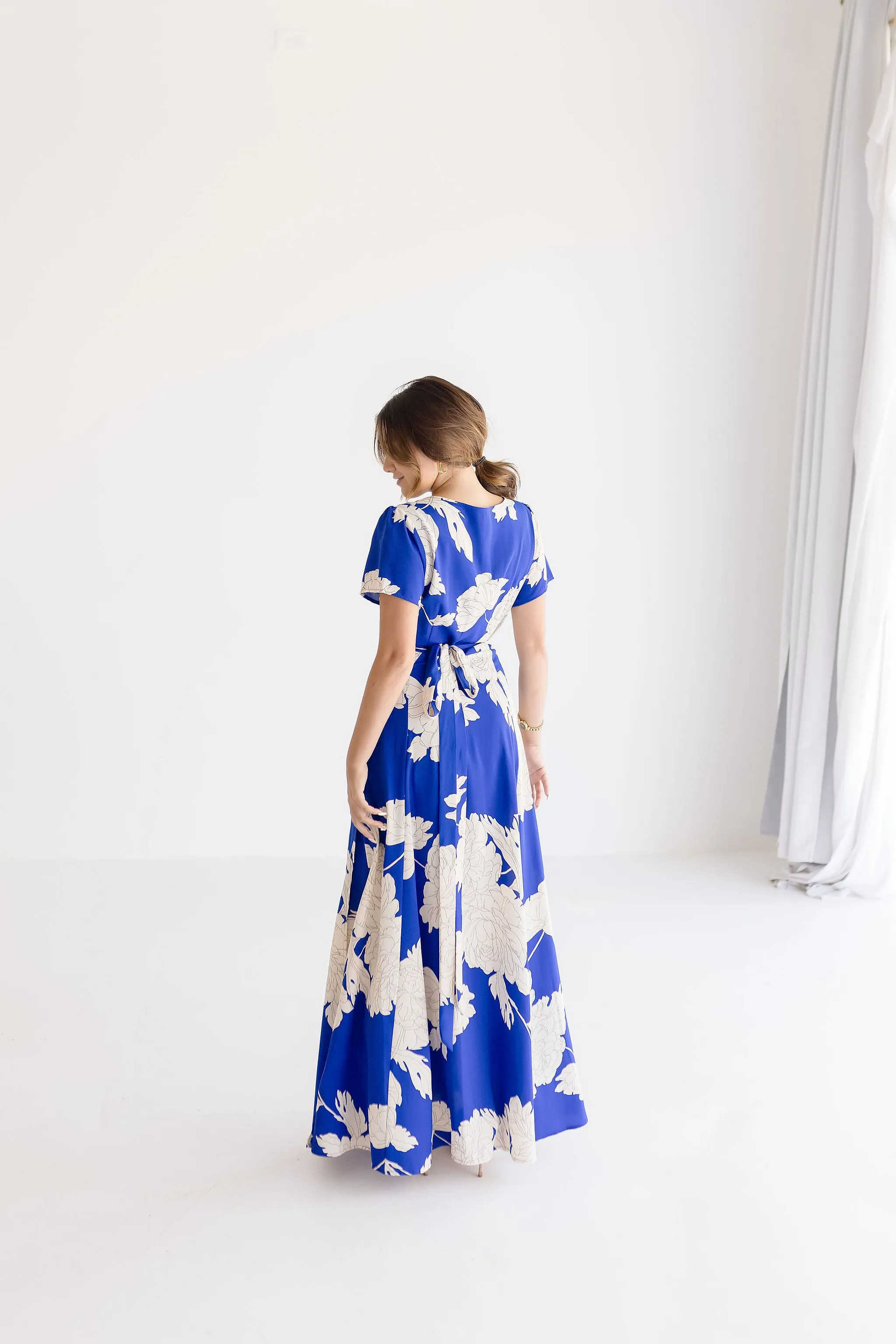 Cameron Short Sleeve Floral Print Wrap Maxi Dress Blue