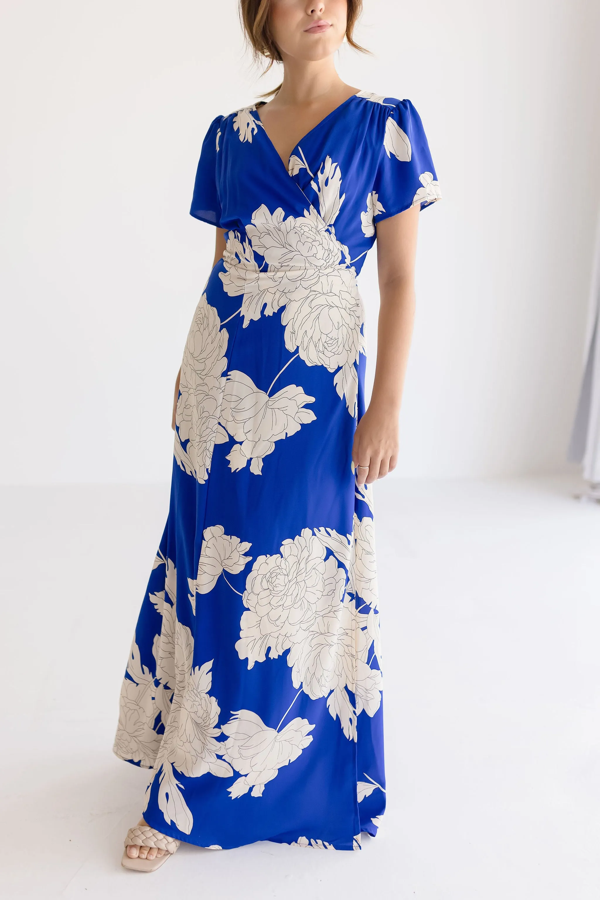 Cameron Short Sleeve Floral Print Wrap Maxi Dress Blue