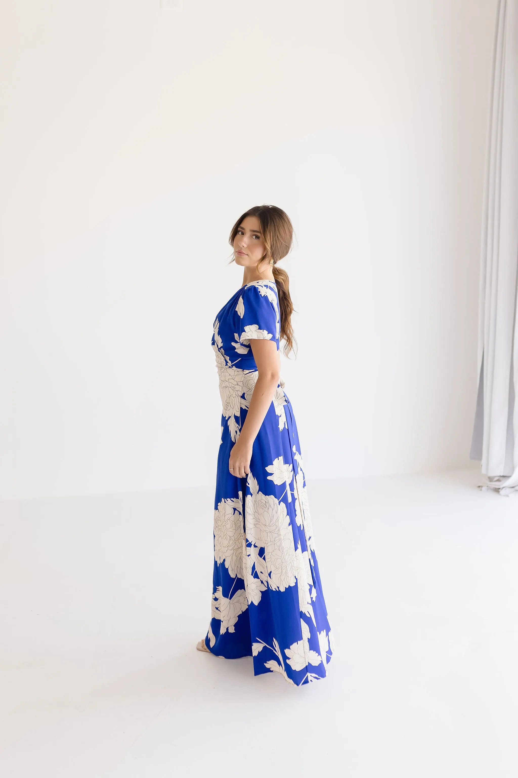 Cameron Short Sleeve Floral Print Wrap Maxi Dress Blue