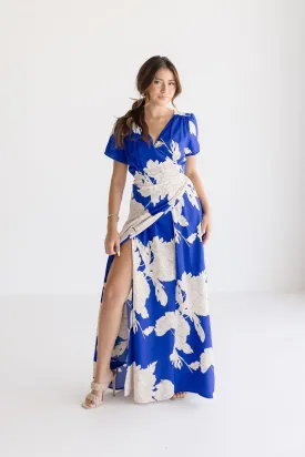 Cameron Short Sleeve Floral Print Wrap Maxi Dress Blue