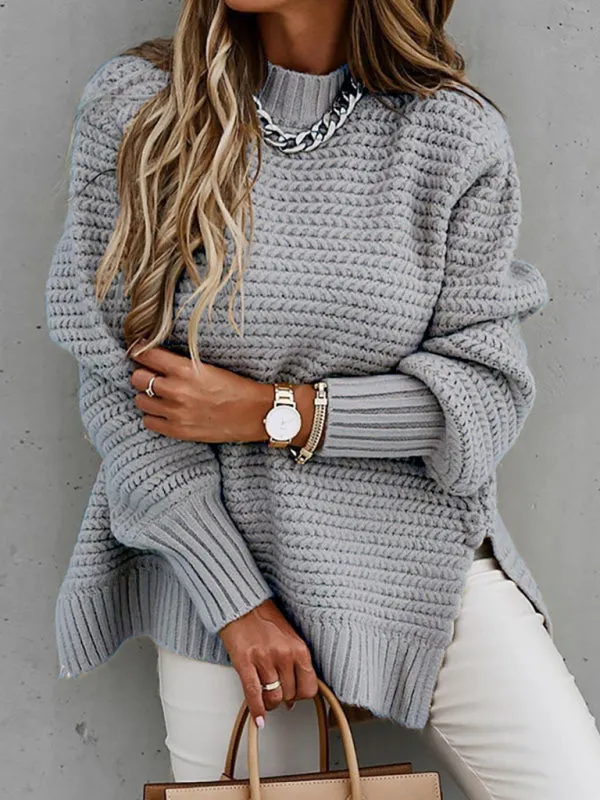 Casual Half Turtleneck Dropped Sleeve Side Slit Sweater