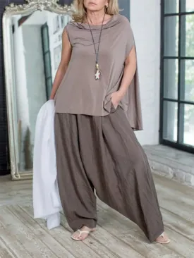 Casual Sleeveless Pleated Round Neck Women'S Suit