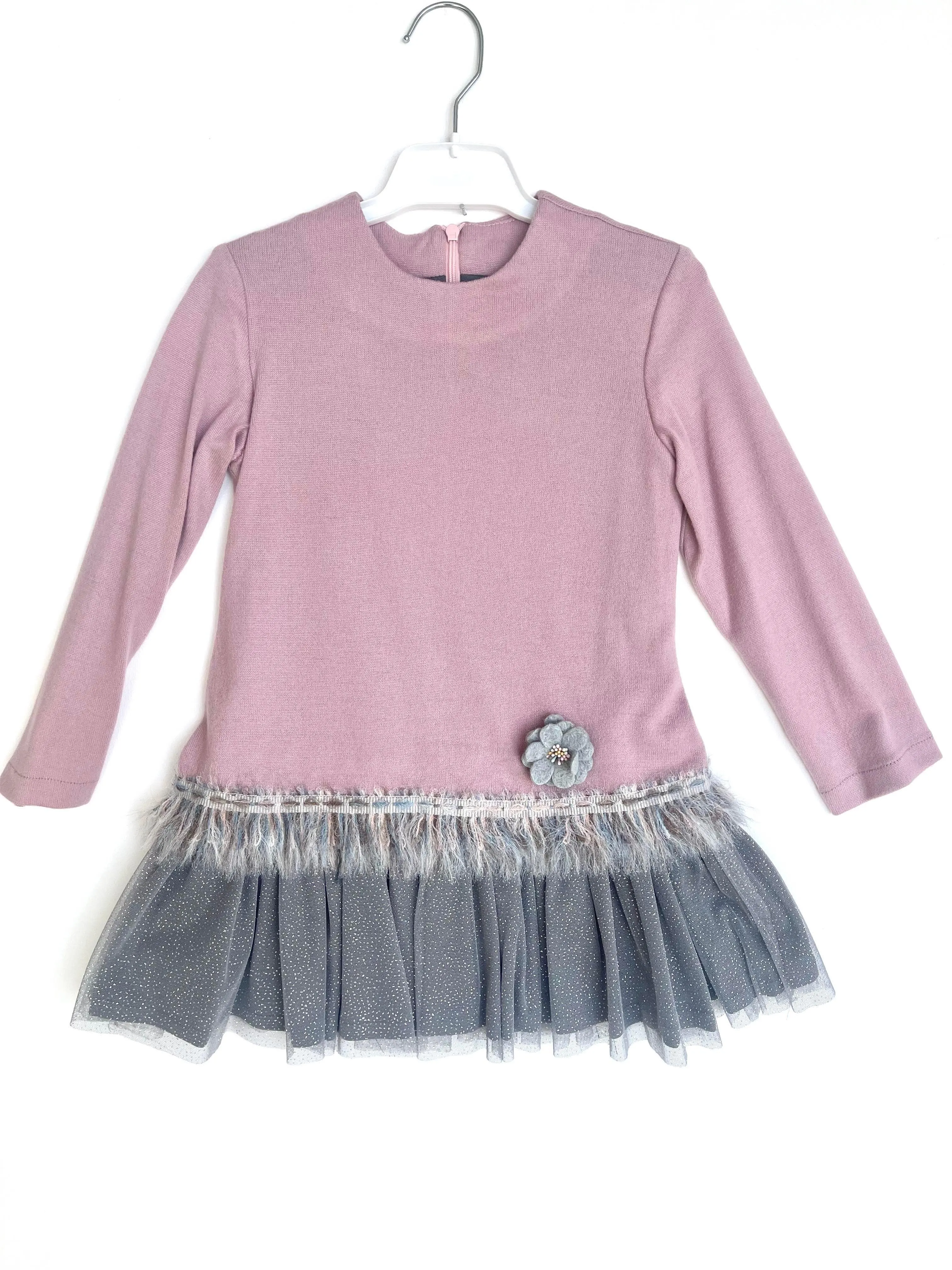 CLEARANCE DEAL - Nekenia - Girls Dusky Pink & Grey Sparkle Drop Waist Dress