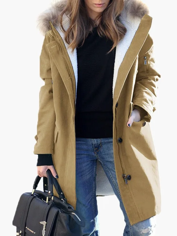 Coats Fur Collar Zip Pocket Hooded Coat for Women