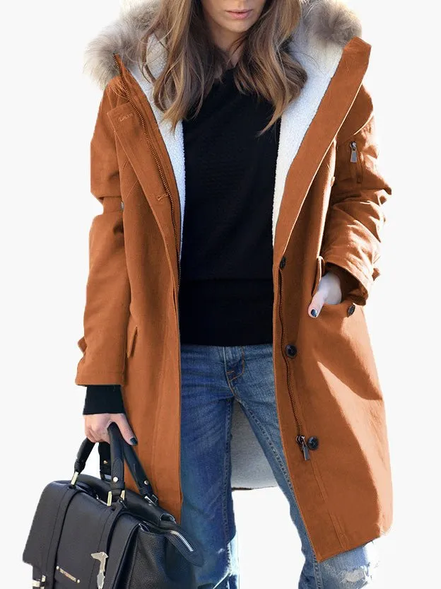 Coats Fur Collar Zip Pocket Hooded Coat for Women