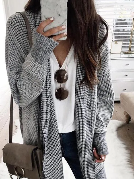 Coats Plaid Long Sleeve Mid-Length Woolen Cardigan Coat for Women