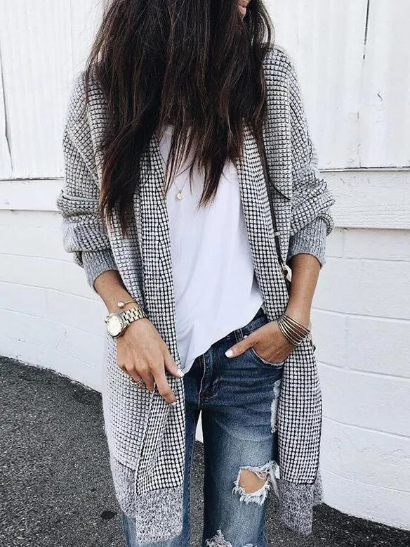 Coats Plaid Long Sleeve Mid-Length Woolen Cardigan Coat for Women