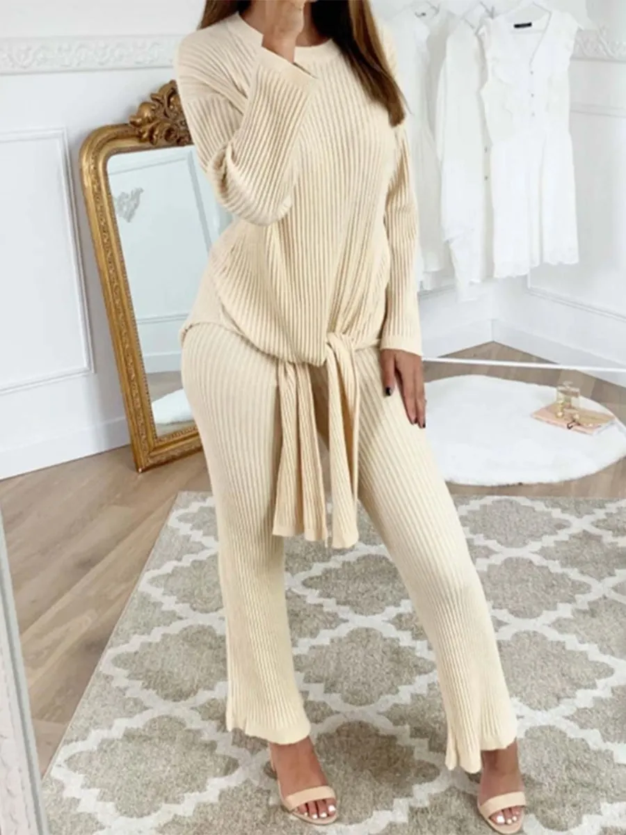 Crew Neck Long Sleeve Plain Knitted Suits