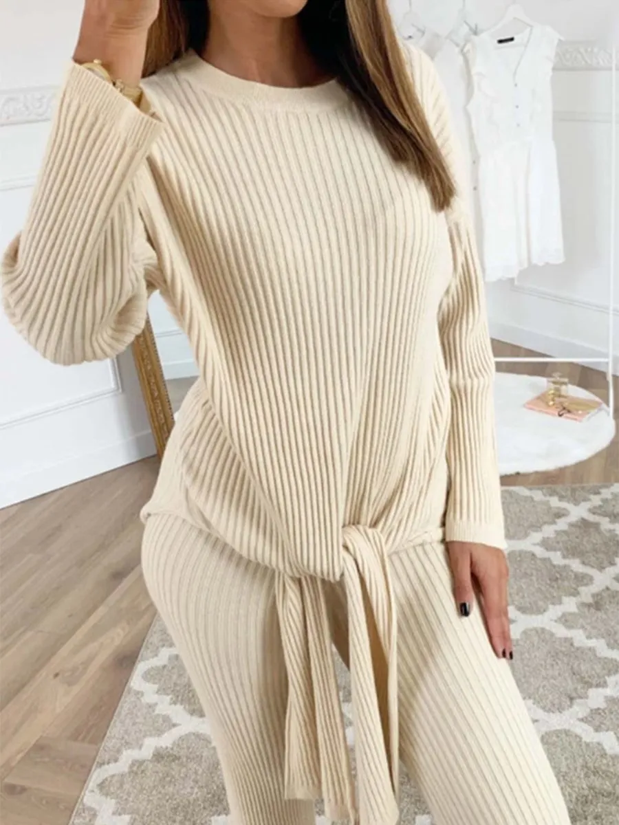 Crew Neck Long Sleeve Plain Knitted Suits