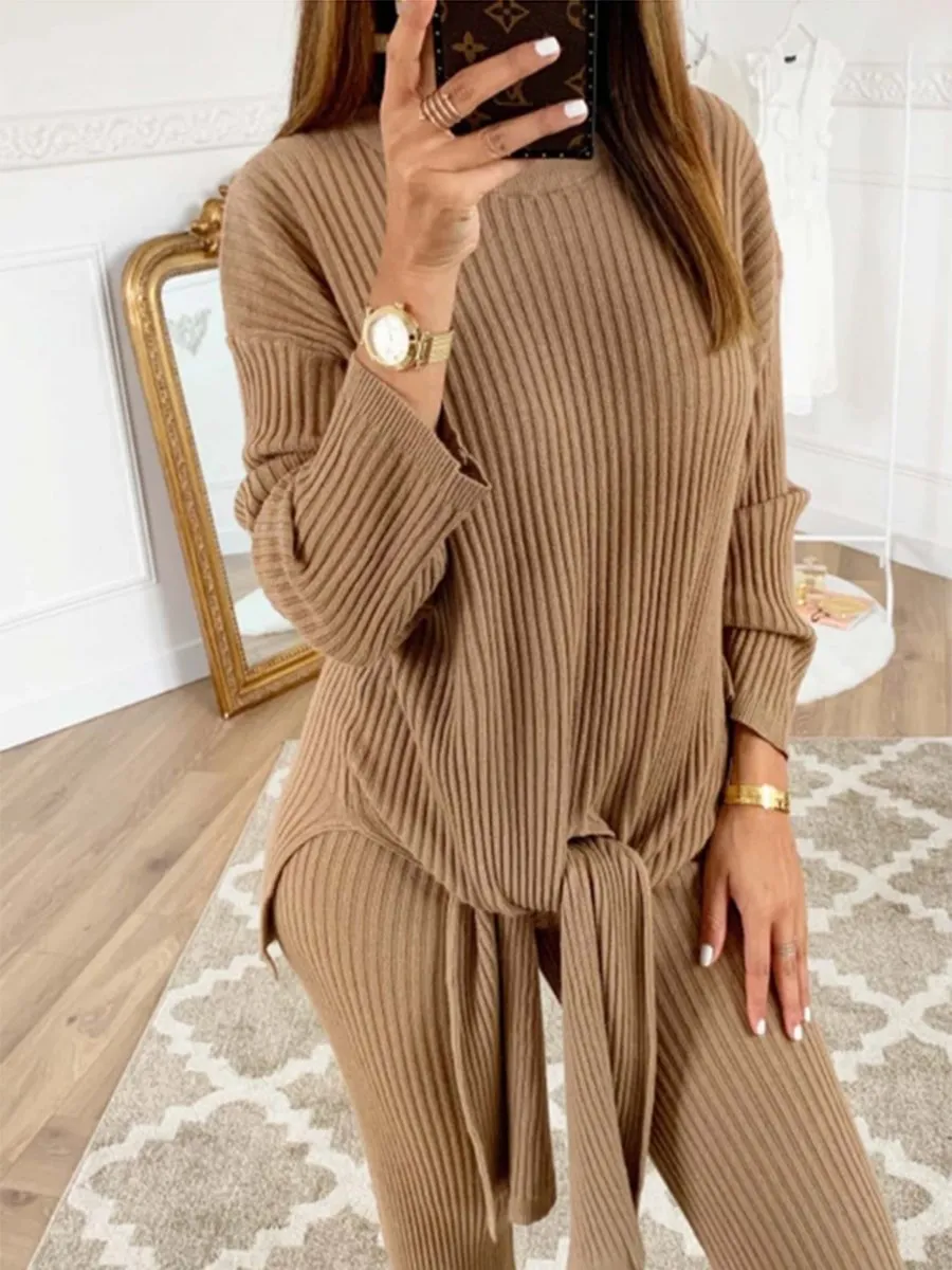 Crew Neck Long Sleeve Plain Knitted Suits