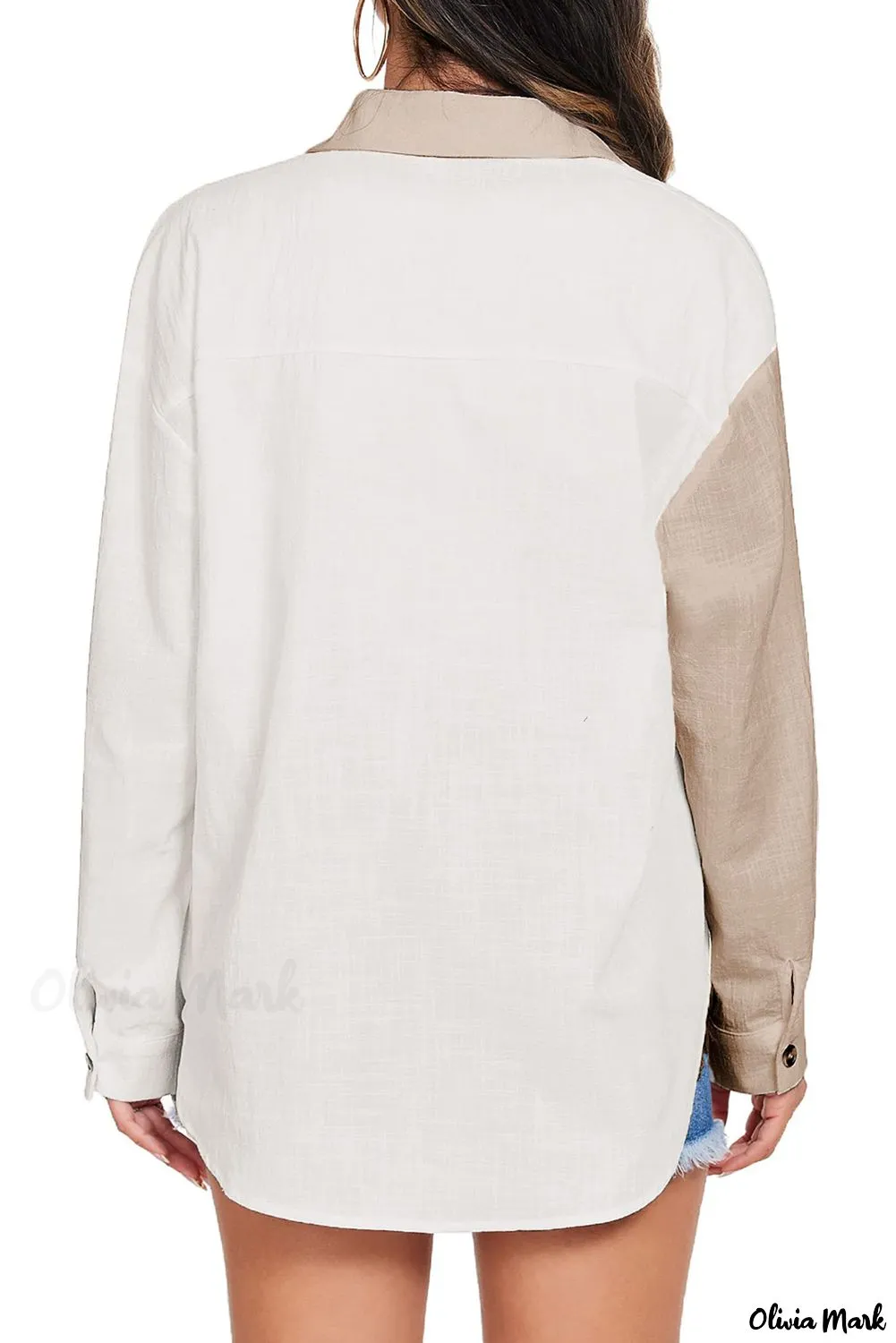 Deanwangkt - Button-Down Collar Long Sleeve Blouse with Colorblock and Pocket Detail