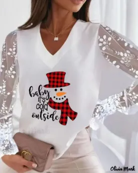 Deanwangkt - Christmas Snowman Print Contrast Lace Long Sleeve Top