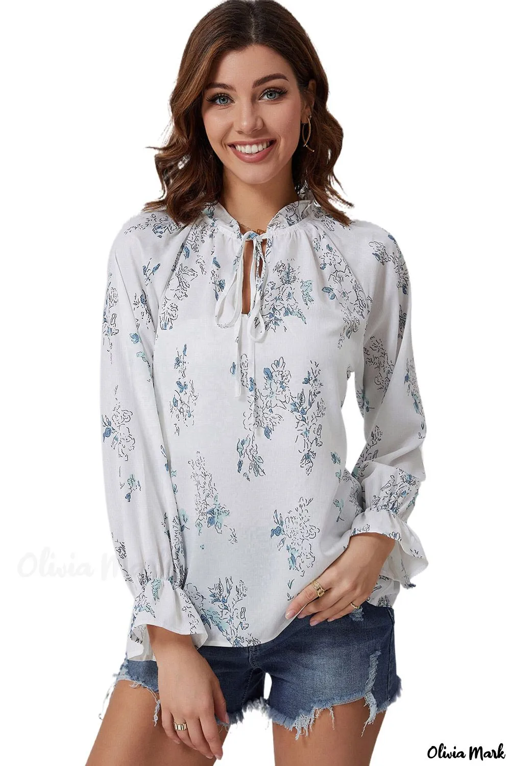 Deanwangkt - Floral Tie Neck Long Sleeve Crinkle Blouse