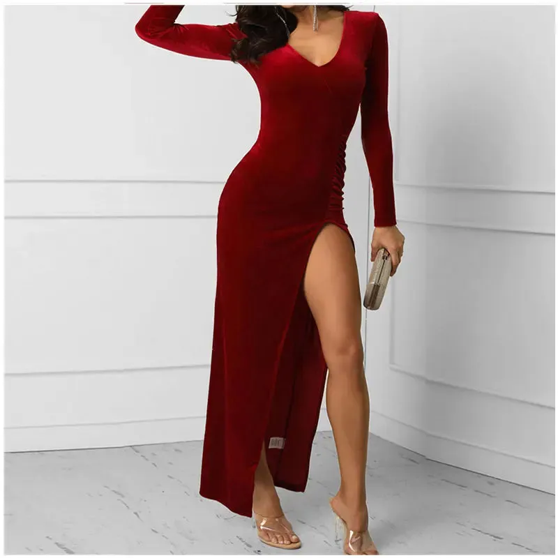 DressBetty - 2024 Spring Burgundy Velvet Casual Bodycon Vintage Maxi Dress