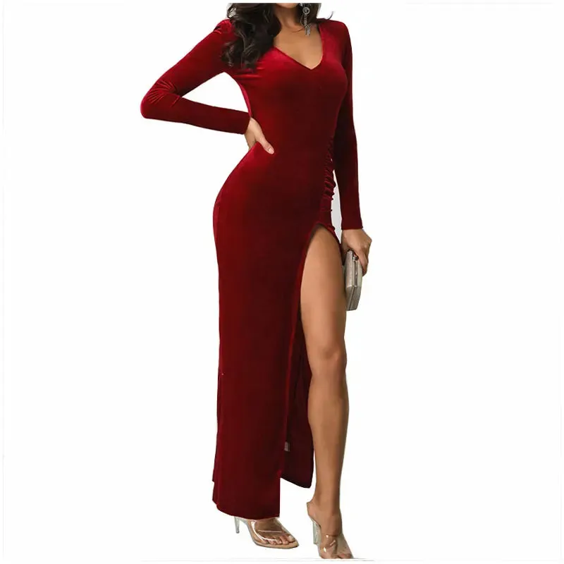 DressBetty - 2024 Spring Burgundy Velvet Casual Bodycon Vintage Maxi Dress